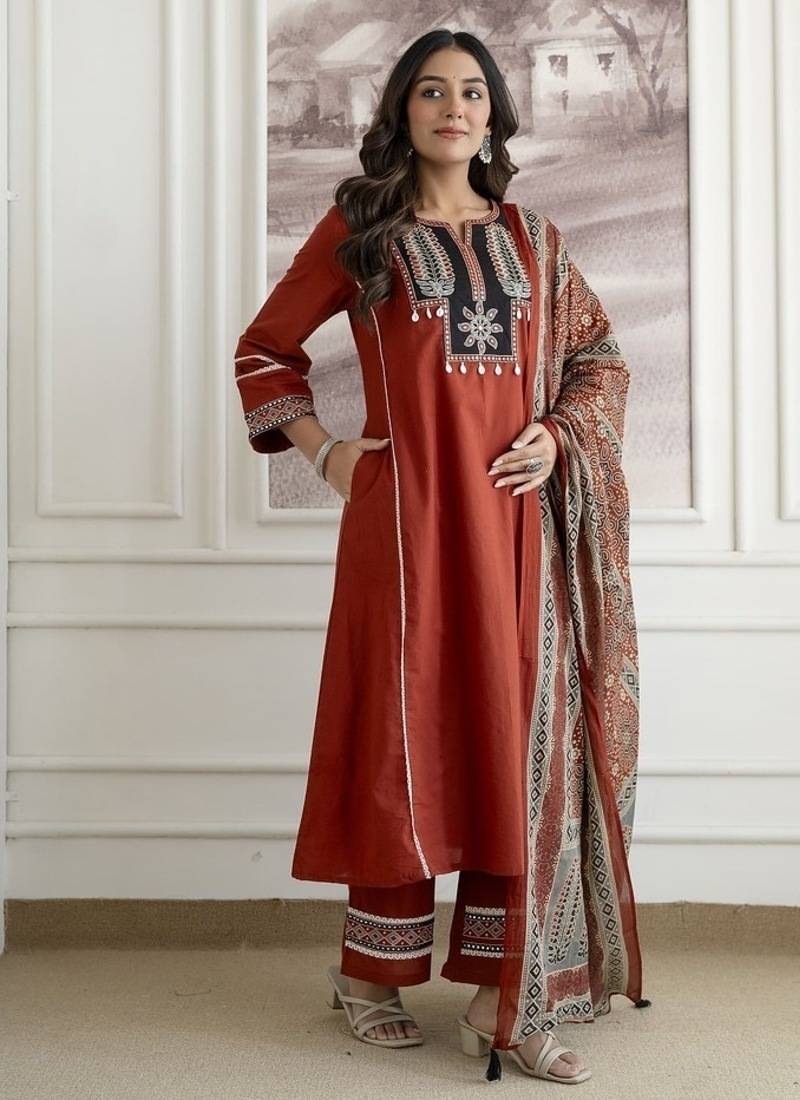 Floral embroidered pure cotton round neck kurta trouser & dupatta set