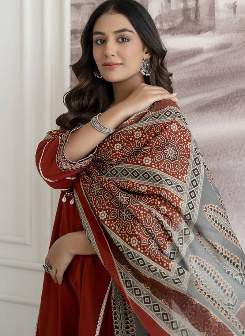 Floral embroidered pure cotton round neck kurta trouser & dupatta set