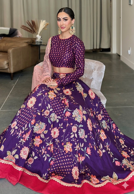 Royal Purple Floral Embroidered Lehenga Choli Set 3
