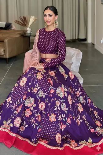 Royal Purple Floral Embroidered Lehenga Choli Set