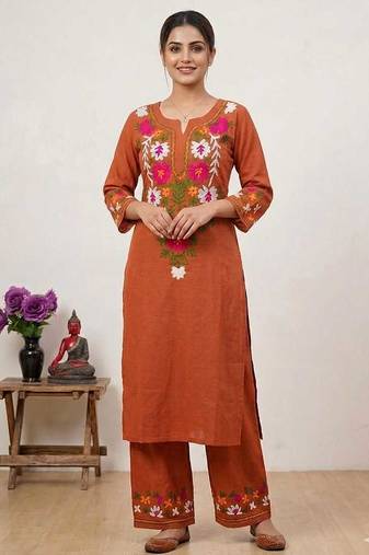 WOMEN COTTON SLAB HAND EMBROIDERY STRAIGHT KURTA WITH PANT 