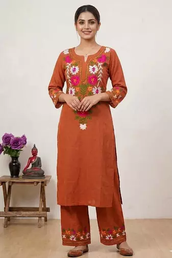 WOMEN COTTON SLAB HAND EMBROIDERY STRAIGHT KURTA WITH PANT 