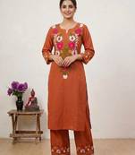 WOMEN COTTON SLAB HAND EMBROIDERY STRAIGHT KURTA WITH PANT 