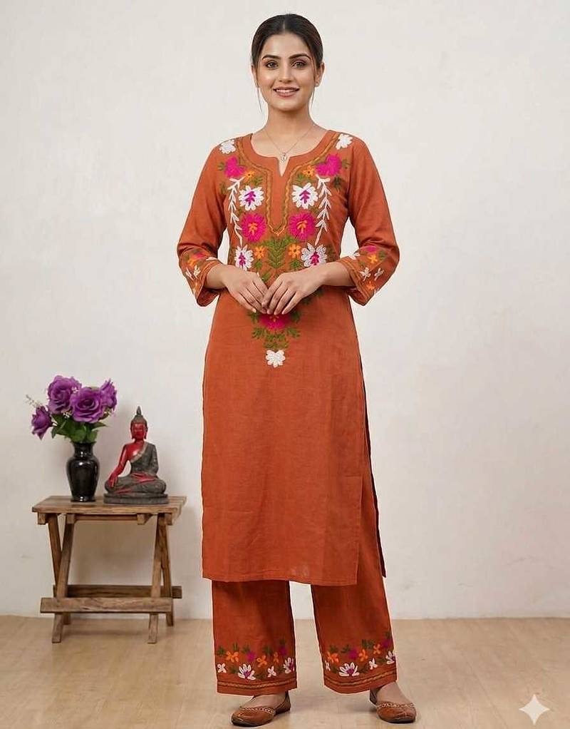 WOMEN COTTON SLAB HAND EMBROIDERY STRAIGHT KURTA WITH PANT 