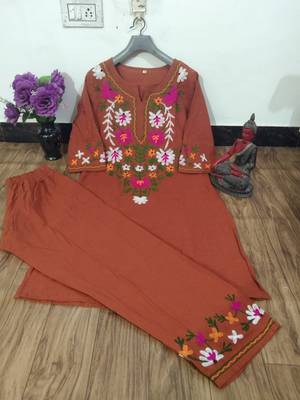 WOMEN COTTON SLAB HAND EMBROIDERY STRAIGHT KURTA WITH PANT  2