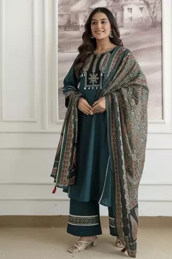 Floral embroidered pure cotton round neck kurta trouser & dupatta set