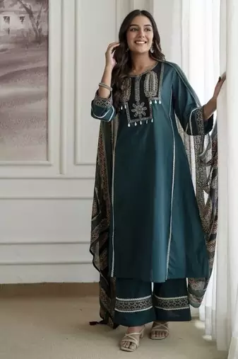 Floral embroidered pure cotton round neck kurta trouser & dupatta set