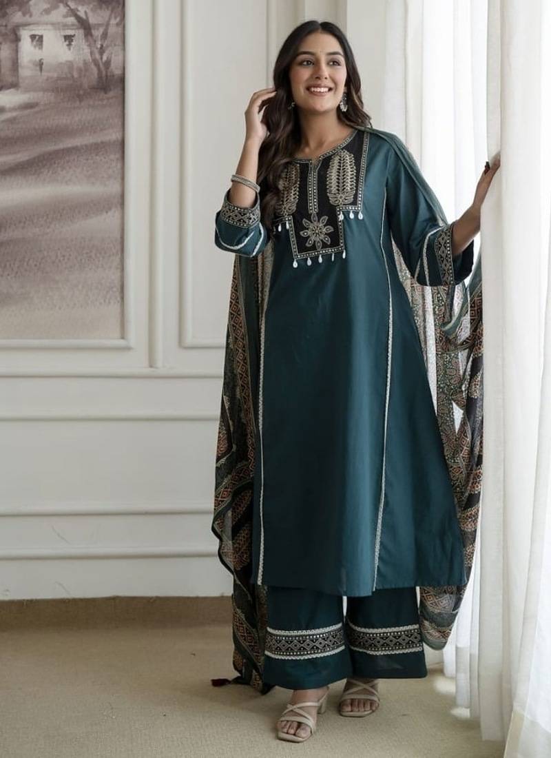 Floral embroidered pure cotton round neck kurta trouser & dupatta set