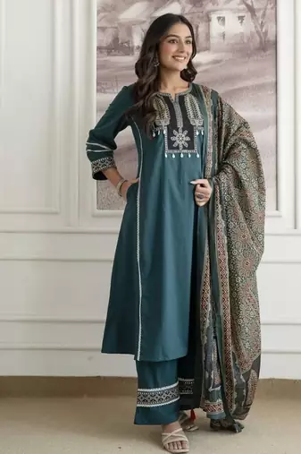 Floral embroidered pure cotton round neck kurta trouser & dupatta set