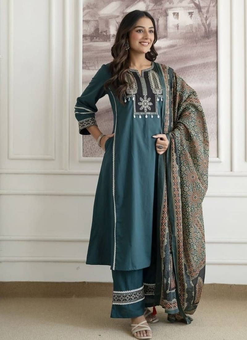 Floral embroidered pure cotton round neck kurta trouser & dupatta set