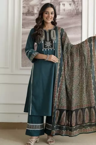 Floral embroidered pure cotton round neck kurta trouser & dupatta set
