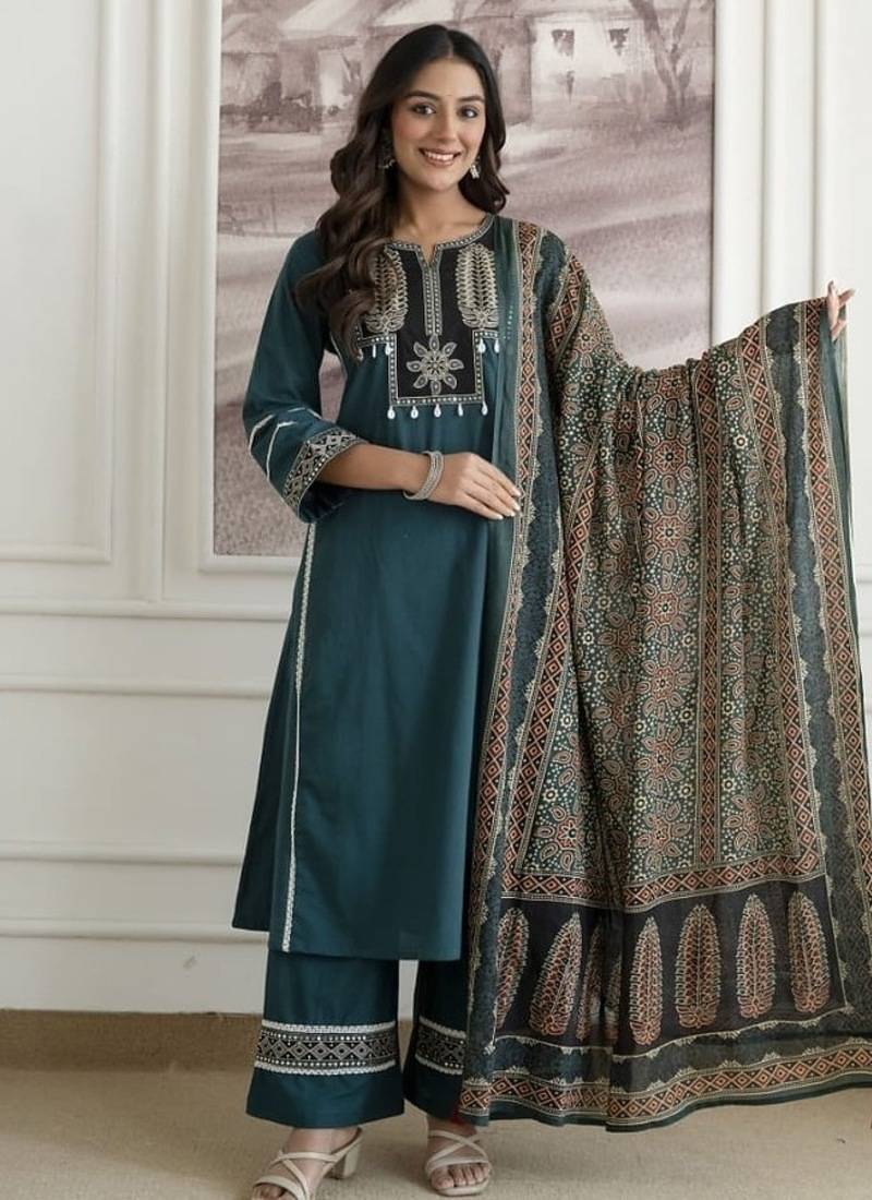 Floral embroidered pure cotton round neck kurta trouser & dupatta set