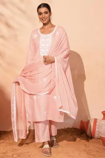 Women's Gorgeous Thread Work Pure Cotton Fabric Straight Kurta Pant and Dupatta Set