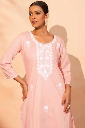 Women's Gorgeous Thread Work Pure Cotton Fabric Straight Kurta Pant and Dupatta Set