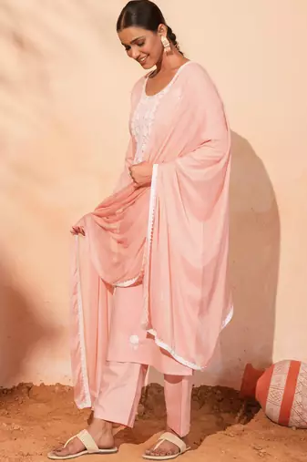 Women's Gorgeous Thread Work Pure Cotton Fabric Straight Kurta Pant and Dupatta Set