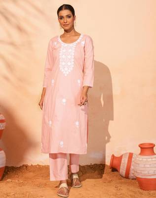 Women's Gorgeous Thread Work Pure Cotton Fabric Straight Kurta Pant and Dupatta Set 5
