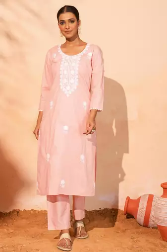Women's Gorgeous Thread Work Pure Cotton Fabric Straight Kurta Pant and Dupatta Set