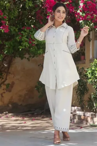 Floral embroidered pure cotton round neck co-ord set