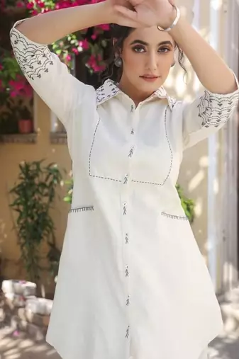 Floral embroidered pure cotton round neck co-ord set