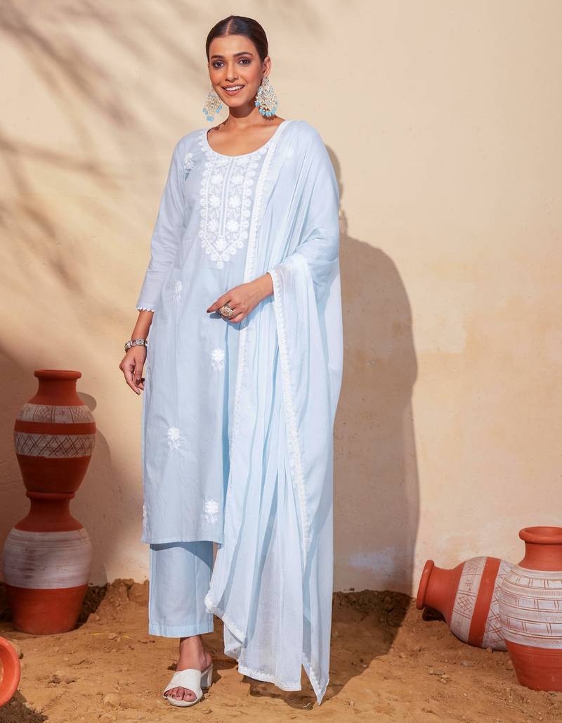 Women's Gorgeous Thread Work Pure Cotton Fabric Straight Kurta Pant and Dupatta Set