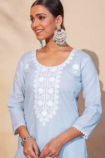 Women's Gorgeous Thread Work Pure Cotton Fabric Straight Kurta Pant and Dupatta Set