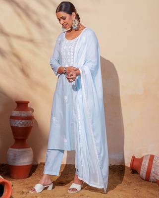 Women's Gorgeous Thread Work Pure Cotton Fabric Straight Kurta Pant and Dupatta Set 3