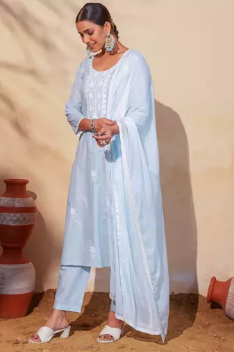 Women's Gorgeous Thread Work Pure Cotton Fabric Straight Kurta Pant and Dupatta Set
