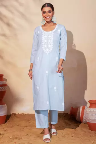 Women's Gorgeous Thread Work Pure Cotton Fabric Straight Kurta Pant and Dupatta Set