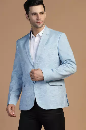 Mens blue linen solid blazer