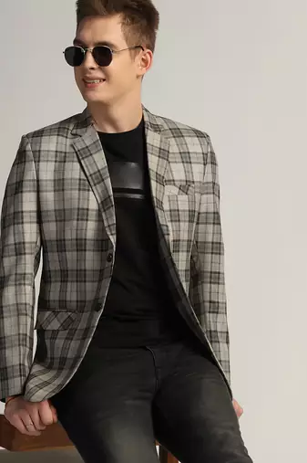 Mens dark grey checked tweed blazer