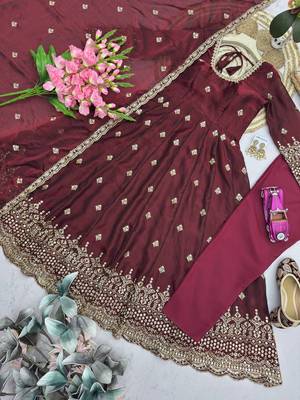 Womens regal maroon embroidered anarkali gown set 2