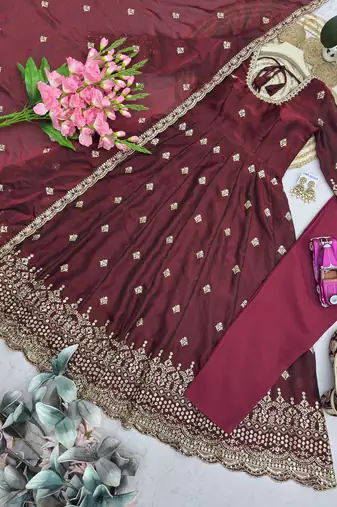 Womens new regal maroon embroidered anarkali gown set