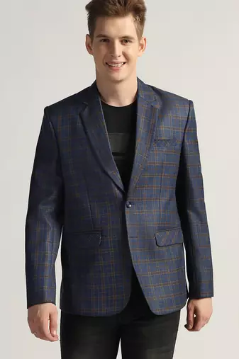 Mens royal blue checked tweed blazer