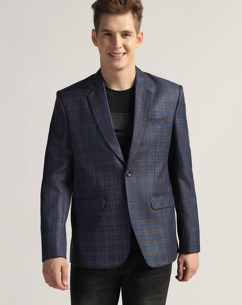 Mens royal blue checked tweed blazer