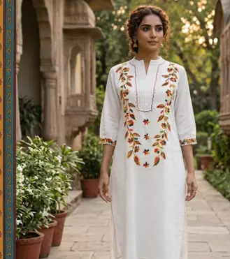WOMEN COTTON HAND EMBRODERY STRAIGHT KURTA WITH PANT 