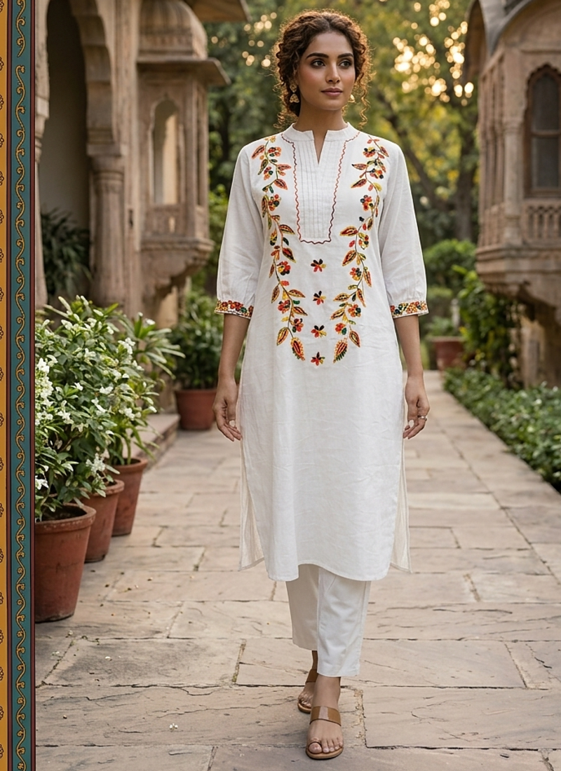WOMEN COTTON HAND EMBRODERY STRAIGHT KURTA WITH PANT 