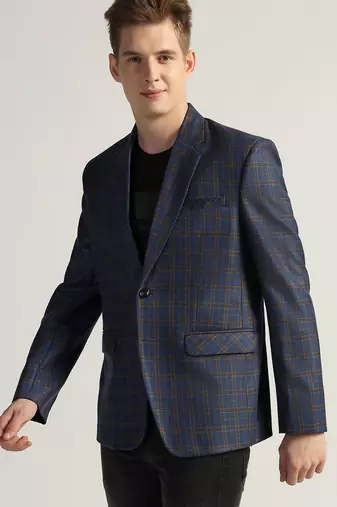 Mens royal blue checked tweed blazer