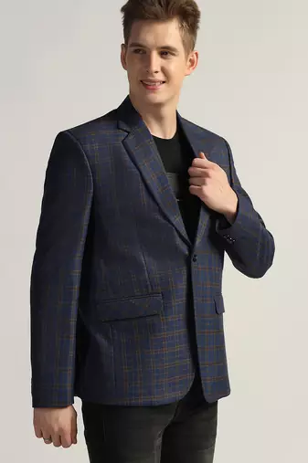 Mens royal blue checked tweed blazer