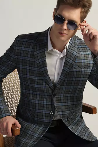 Mens blue checked tweed blazer