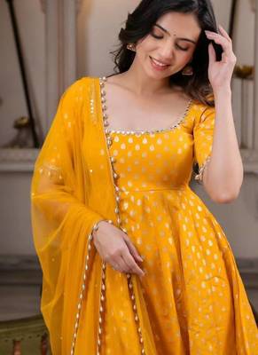 Mustard yellow anarkali gown with foil print work - festive ethnic wear set 2