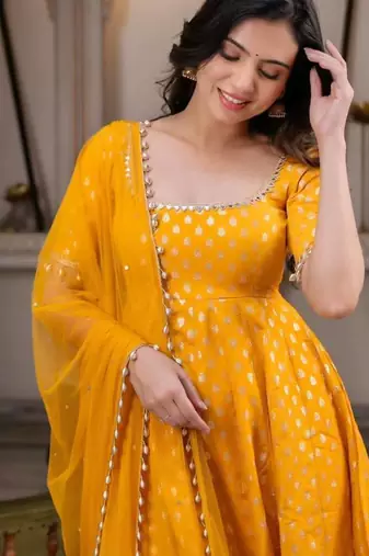 Mustard yellow anarkali gown with foil print work - festive ethnic wear set