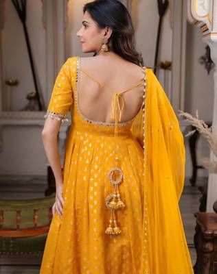 Mustard yellow anarkali gown with foil print work - festive ethnic wear set 3