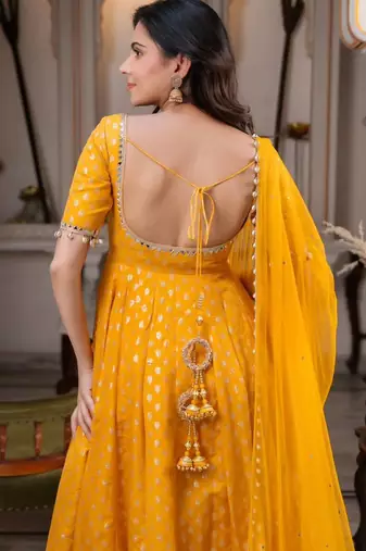 Mustard yellow anarkali gown with foil print work - festive ethnic wear set