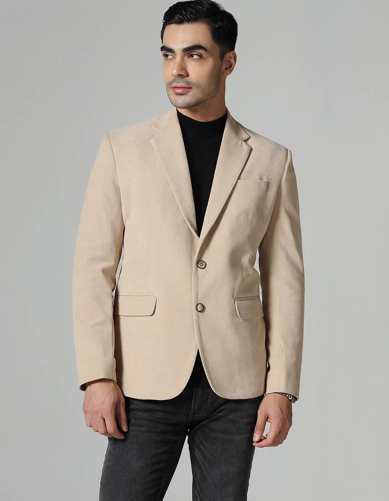 Men beige corduroy notched lapel blazer