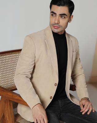 Men beige corduroy notched lapel blazer 4