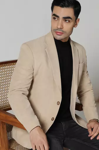 Men beige corduroy notched lapel blazer
