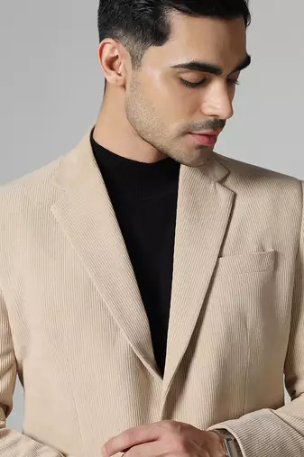 Men beige corduroy notched lapel blazer