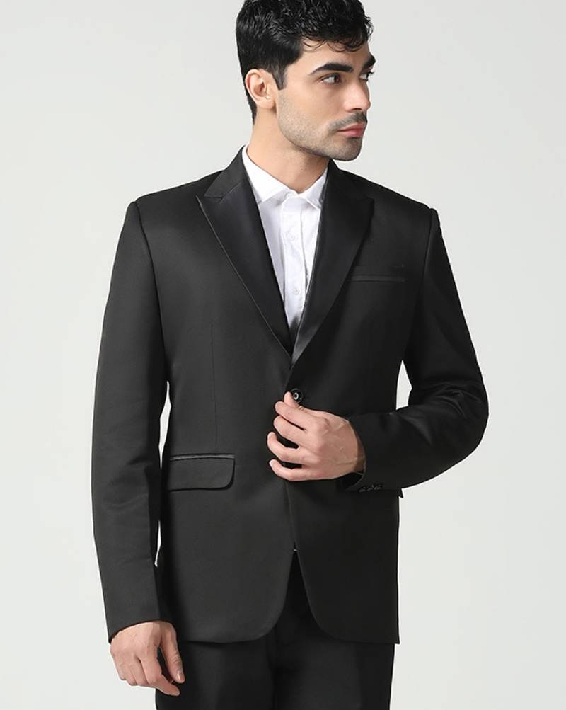 Mens black peaked lapel tuxedo blazer