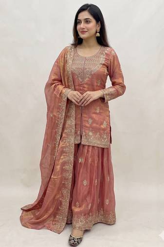 Womens New Traditional Peach Heavy Work Ethnic Ensemble Lehenga Set