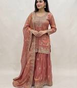 Womens New Traditional Peach Heavy Work Ethnic Ensemble Lehenga Set